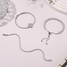 Dochais Women's Tennis Bracelet, Silver, Cubic Zirconia, Diamond Bracelet, Women's Glitter Bracelet, Women's Bracelet Set, Women's Rhinestone for Women, Girls, Wife, Mother, Jewellery, Gift, Brass