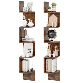 Tangkula 5-Tier Corner Shelf Wall Mount, Farmhouse Floating Corner Bookshelf, Industrial Modern Display Shelf Stand, Wooden Storage Organizer for Living Room Home Office (2, Rustic Brown)