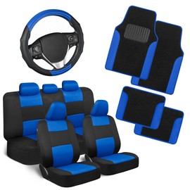 BDK Full Car Interior Set, Front & Rear PolyPro Seat Covers, 4 Piece Two Tone Carpet Floor Mats with Built in Heel Pad, Steering Wheel Cover Fits Most Car Truck Van SUV, All-Season Protection, Blue