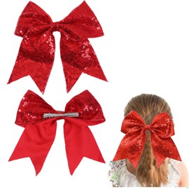 2 Packs Jumbo Red Cheerleading Bow 8 Inch Large Cheer Hair Bows with Alligator Clips for Teen Girls Softball Outfit Uniform (Sequin Red)