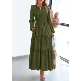 PRETTYGARDEN Women's 2025 Elegant Maxi Dresses Long Sleeve V Neck Flowy Pockets Casual Modest Dress Fall Fashion Clothes (Army Green,Medium)