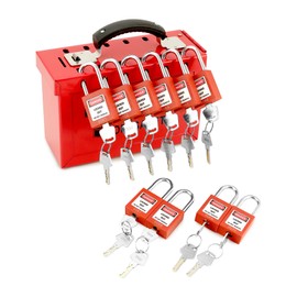 QWORK Lockout Tagout Lock Box Kit, with 10 Keyed Different Loto Locks, Portable Group Lock Box with 12 Slots, for Lock Out Tag Out Station, Red