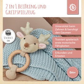 Bieco Wooden Grasping Toy Baby Rattle Diameter 10 cm, Length 17 cm Cute Deer Baby Rattle Cotton with Wooden Ring Baby Grasping Toy Rattle for Boys and Girls Grasping Toy with Deer Fabric Rattle