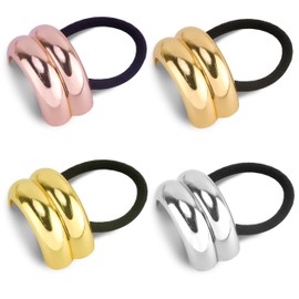 FASOTY 4 Pcs Hair Cuffs, Metal Hair Tie for Women Girls Elastic Ponytail Cuff for Thick Medium Hair, Fashion Durable Gold Hair Ties
