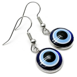 Evil Eye Charm Earrings - Flat Round Dark Blue Resin Beads on Nickel Free Hooks : 34mm