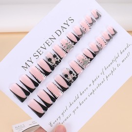 24Pcs Black French Tip Press on Nails Medium Duck Fake Nails with 3D Butterfly Star Planet Rhinestones Design Glue on Nails Black Rose Acrylic Nails Punk Duckbill False Nails Goth Stick on Nails Set