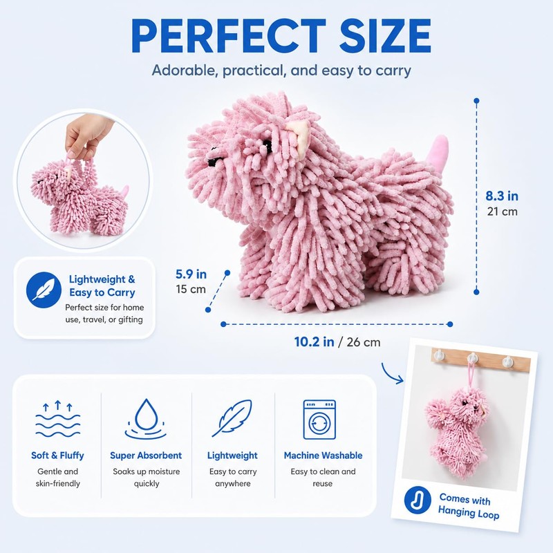 Chenille Dog Hand Towel for Bathroom & Kitchen, Cute Fuzzy