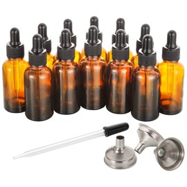 12 Pack, 2 oz Glass Dropper Bottle with 3 Stainless Steel Funnels & 1 Long Glass Dropper - 60ml Amber Tincture Bottles with Eye Droppers for Essential Oils, Liquids - Leakproof Travel Bottle