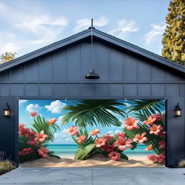 Lexfvpoo Beach Garage Door Cover 7x16ft Blooming Flowers Tropical Palm Leaves Summer Garage Door Decorations for 2 Car Floral Backdrop Large Hawaiian Garage Door Banner for Party Supplies