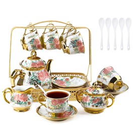 YTDTKJ 21 PCS Ceramic Tea Sets for Women Tea Party, Pink Tea Set with Gold Shelf, Flower Porcelain Tea Set with Plates & Spoons, Coffee Cup Set for Dinner Restaurant Hotels