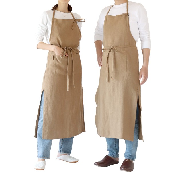 [Family Storage] 100% French Linen, Long Apron with Concealment of Materials, Stylish, Hidden Buttocks, Natural Materials, Cafe Style, Pocket Included, Neck Cloth, Simple, Solid, Stylish, Non-Iron, Salon, Cooking Class, Hemp, Unisex, Unisex, Y-Style, bei