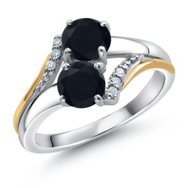 Gem Stone King 10K Yellow Gold and 925 Silver Black Onyx and White Lab Grown Diamond Accent Engagement Ring For Women (0.98 Cttw, Gemstone December Birthstone, Round 5MM, Size 8)