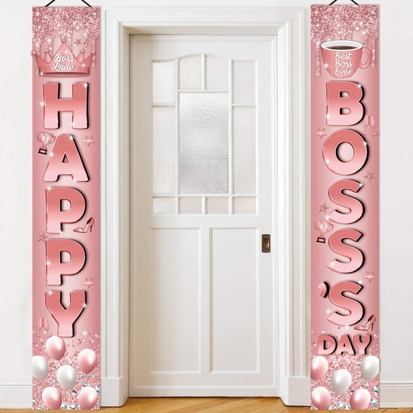 Boss Day Banner, Bosses Day Decorations Rose Gold Happy Boss's Day Porch Sign Banner, Boss Day Decorations for Office Happy Boss Day Decorations for Lady Boss Wall Door Decoration for Boss Day