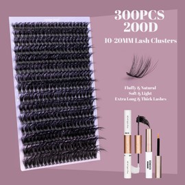 Ocean Pearl Cluster Lashes Thick 200D Volume Eyelash Clusters Kit 300PCS DIY 10-20mm Individual Eyelashes Kit Dramatic Eyelash Extensions Kit Fluffy D Curl Lash Clusters with Bond and Glue-200D