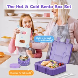 BEAQUEE Bento Lunch Box Kids and 9oz Soup Thermos – 5.5-Cup Leakproof Kids Bento Box with Ice Pack & 9oz Insulated Food Jar – Hot & Cold Food Lunch Container for Boy Girl School, Purple Set