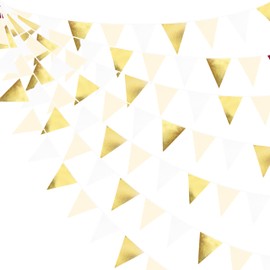 PinkBlume White Beige and Gold Triangle Flag Cloth Garland Banner Party Decoration White and Gold Pennant Outdoor Flags Boys Girls Birthday Decoration 100th Day Celebration Wedding Camping Flag Triangle Tent Decoration Graduation Decoration Christmas Par