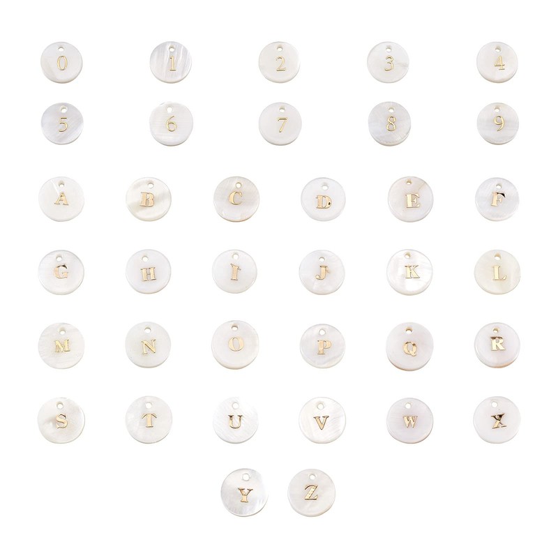 Craftdady 92pcs Freshwater Shell Alphabet Pendants Flat Round White Shell