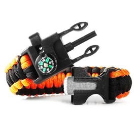 P-51 Paracord Bracelet Original Orange & Black 550 Paracord - Ferro Rod Firestarter & Scraper Tool - Emergency Whistle & Compass - 10 feet of paracord - 7 strand 4mm diameter