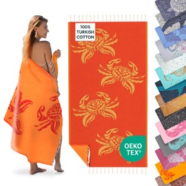 Sun Drunk Turkish Beach Towel – Quick-Dry, Sand-Free, Soft Turkish Towel – Lightweight for Travel – Oversized for Beach or Pool Towel or as a Beach Blanket or XL Scarf (Crabs Rouge)