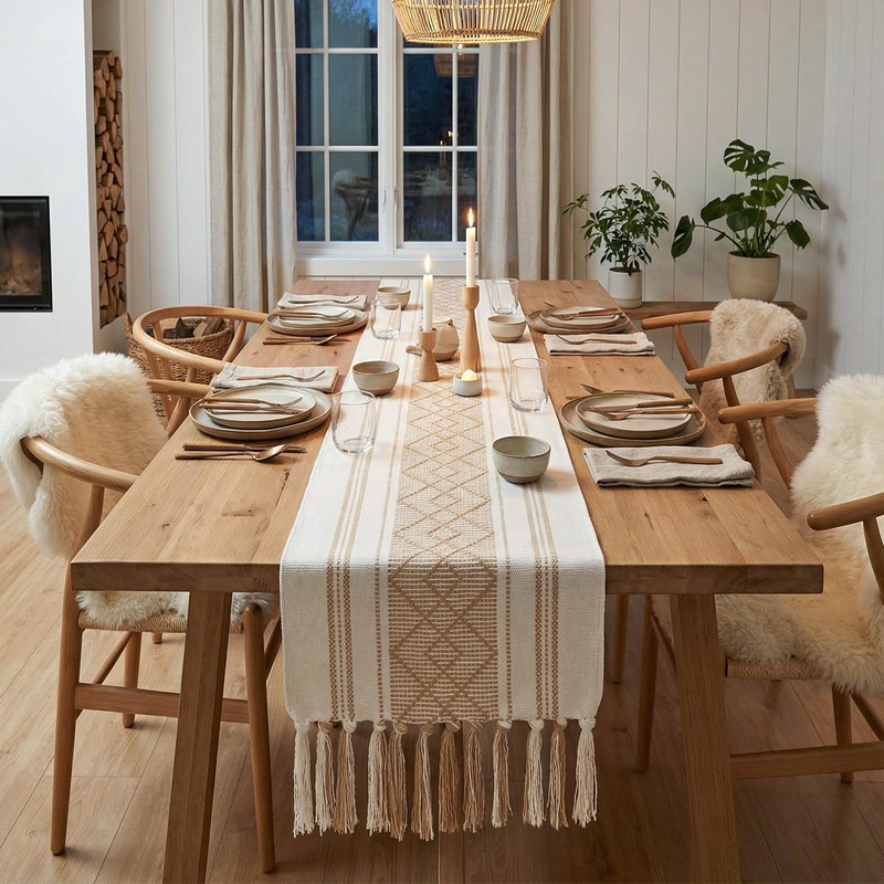 Boho Table Runner with Tassels for Boho Nordic Home Decor