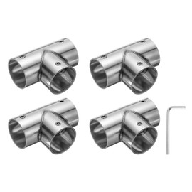 uxcell 4Pcs Tee Structural Pipe Connectors 3 Way End Rails Clamp with Wrench Stainless Steel Corner Pipe Fittings for DIY Shelf Garden Support 1" Fit Pipe Dia, Silvery