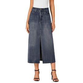 Rooscier Women's High Waisted Jean Skirt Casual Split Denim Midi Skirt with Pockets Blue Large