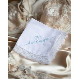 La Gartier Garters - "Love You" Lace Wedding Bridal Handkerchief With Blue Embroidery Bridal Handkerchief For Bride Gift For Bride Something Blue