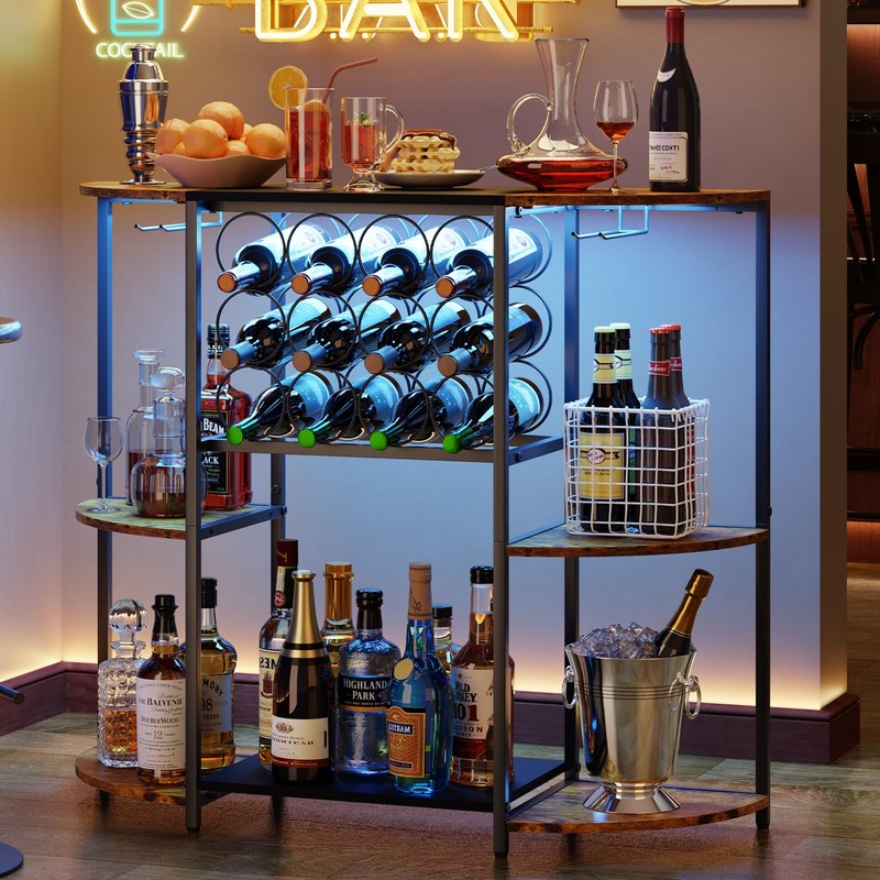 JKsmart Wine Bar Cabinet with LED Lights, Mini Wine Rack