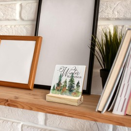 ANIANG Christmas Desk Decor, Winter Table Decor, Christmas Winter Decorations Wood Plaque, Winter Blessings Deer Christmas Wooden Plaque Sign with Wood Stand for Home Bedroom Office Decor