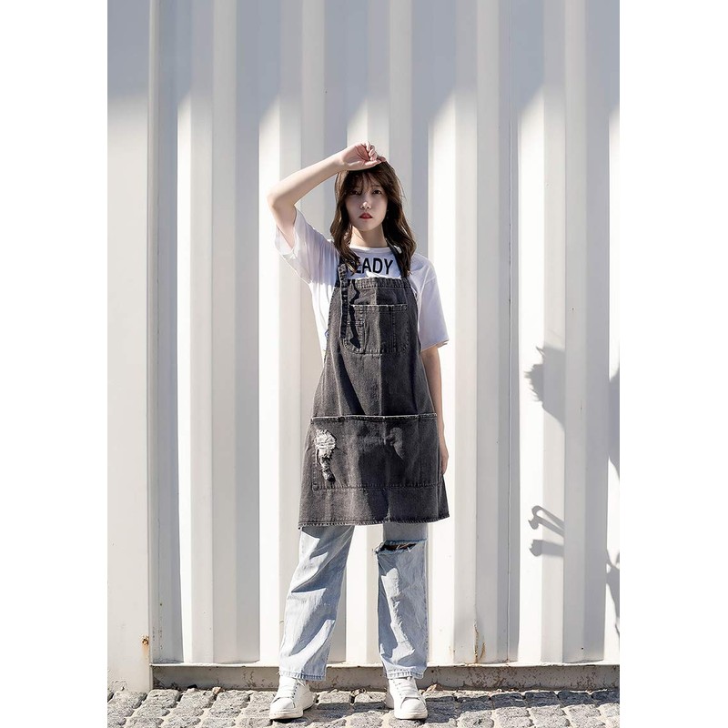 Pincy Denim Apron, Unisex Adjustable Bib Apron with Pockets for