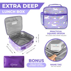 kinsho Lunch Bag for Girls with Ice Pack, Insulated Kids Lunch-Box for Toddlers Baby Girl Daycare Pre-School Kindergarten, Large Snack Container Boxes for Kid Lunches, Fits Bento, Purple Unicorn