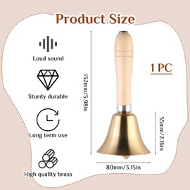 1 Classic Brass Hand Bell with Wooden Handle, Table Bell for School, Reception, Hotel Service, Meditation, Small Bell with Melodic Sound for Decoration and Prayer