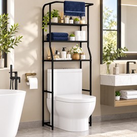 4-Tier Over Toilet Storage Rack with Basket – Freestanding Black Metal Bathroom Organizer with Adjustable Shelves