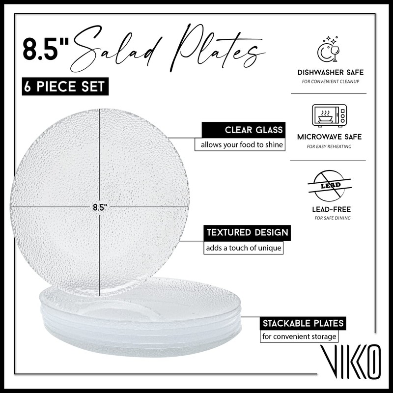 Vikko Salad Plate, Set of 6 Glass Plates, 8.5 Inch