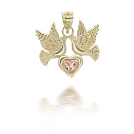 10k Two Tone Gold Love Dove Birds Heart Pendant