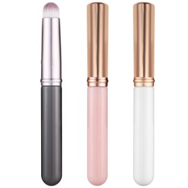 Housoutil Juego de 3 Brochas Correctoras Mini de Maquillaje Facial y Labial Tapa Cerdas Sintéticas Suaves Mangos Cortos en Colores Morado Rosa y para Difuminar Corrector y