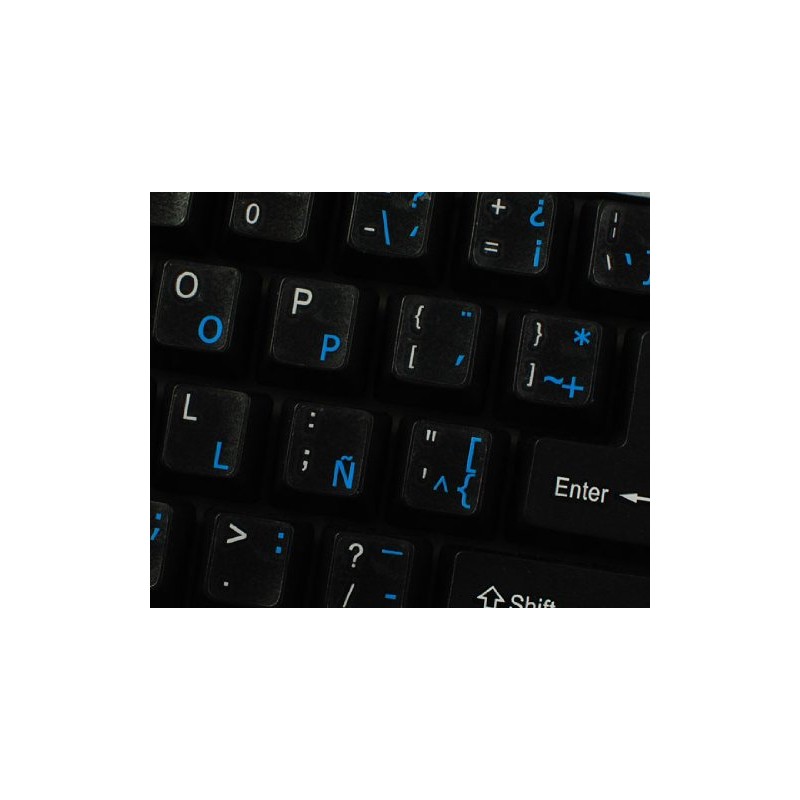 Spanish (Latin American) Keyboard Sticker with Blue Lettering Transparent Background