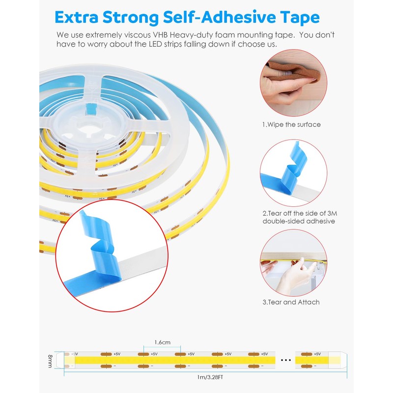 Aclorol USB Led Light Strip COB Led Strip Lights 5V