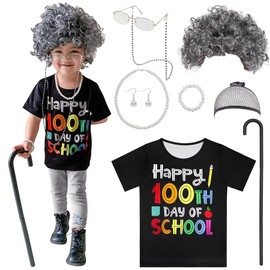 GRIVOS 100 days of school Old Lady Costume for Kids Granny Grandma 100th day of school Dress Up for Girls with Wig 4-9Y