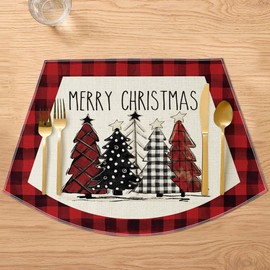 Artoid Mode Red Christmas Trees Wedge Shape Placemats for Round Table Set of 4, Winter Seasonal Kitchen Dining Table Decoration for Indoor Party Home