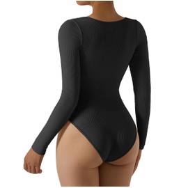 DOULAFASS Long Sleeve Ribbed Shapewear for Women Square Neck Thong Ladies Body Suit Tummy Control Bodysuit Shapewear Body Shaper