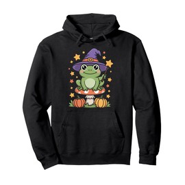 Cute Frog Witch On Mushroom With Pumpkins And Stars Pullover Hoodie