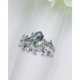 Wasee Natural Moss Agate Ring Set 925 Sterling Silver Green Moss Agate Engagement Ring Leaf Wedding Promise Ring Jewelry Gift for Women,Size 8.5