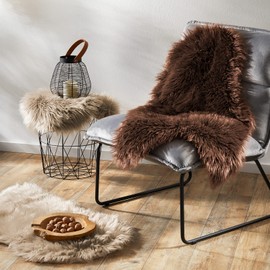 PURE LABEL Faux Sheepskin / Lambskin Decorative Fur Rug, Modern Living Room Decoration, Bedroom Decoration, Sofa or Bed Runner, Brown, 80 cm Round