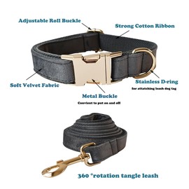 Velvet Dog Collar and Leash Set, Soft & Comfy Dog Collar and Leash, Heavy Duty Metal Buckle Adjustable Collars for Small Medium Large Dogs Training & Walking (XL-Collar Girth: 14.5"-23.6", Dark Grey)