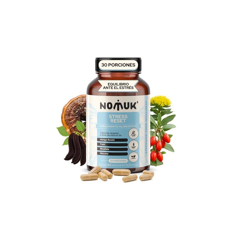 Stress Reset Adaptógenos Rhodiola Rosea Tulsi Múcuna Hongo Reishi Capsulas
