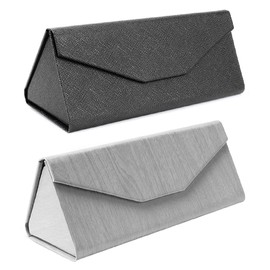 Leajoy 2 Pack Lightweight Foldable Glasses Case, Compact Portable Eyeglass Protector Case for Men Women, Black PU & Gray Wood Grain