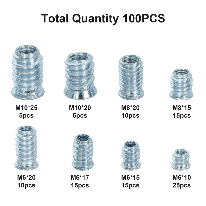 Pack of 100 screw-in nuts, M6/M8/M10 threaded insert, wooden screw