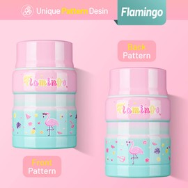 Charcy 17oz Kids Thermo for Hot Food - Soup Thermo with Folding Spoon - Insulated Food Jar for Hot & Cold Food - Pink Green Flamingo