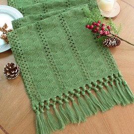 FEXIA Green Table Runner with Tassels for Christmas Decor 72 Inches Long Macrame Table Runner for Home Decor Farmhouse Rusitic Table Runner for Dining Bedroom Xmas Decorations (12x72 Inches)